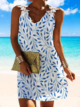 V neck lace sleevelss leave printed women vacation dresses