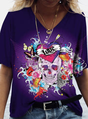 Summer Fashion Skull Printed V neck Short Sleeve T-shirts