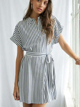 Fashion Stripe Lapel Short sleeve Lacing Shift Dresses