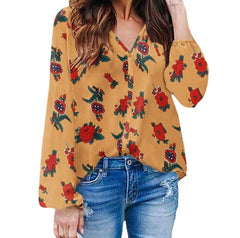 Floral Print Shirts Vintage Loose V-Neck Tops Blouses
