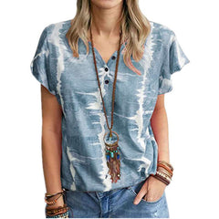 Stylish Print Fastener V neck Short sleeve T-Shirts