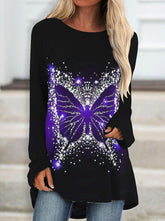 Long-sleeved butterfly printed round neck plus size women's loose top T-shirts