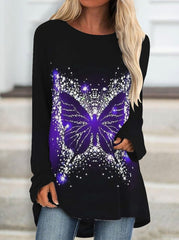 Long-sleeved butterfly printed round neck plus size women's loose top T-shirts