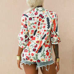 Flower printed women turn down neck long sleeve blouses