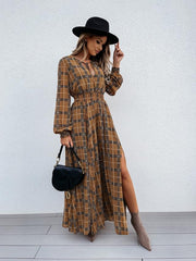 Grid Printed Long Sleeve Waist Slit Maxi Dresses