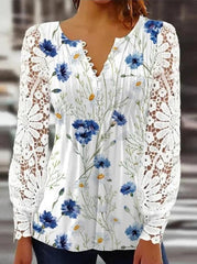 Lace Long sleeve pleated printed button Blouses