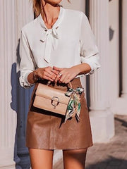 Bow Tie Neck Elegant Top Long Sleeve Solid Work Office Blouse