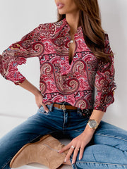 Floral printed fashion turn down neck long sleeve blouses tops