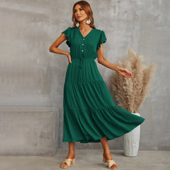 V neck button design plain color women big hem maxi dresses