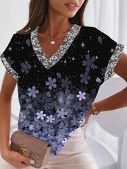 V neck Short sleeve Printed women T-shirts