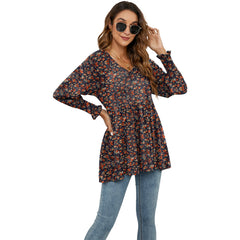 Floral Printed Puff Sleeve Long Sleeve Tunic T-Shirts