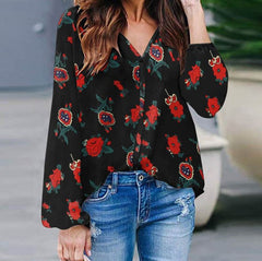 Floral Print Shirts Vintage Loose V-Neck Tops Blouses