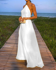 Women plain sexy halter neck design long dress vacation dresses