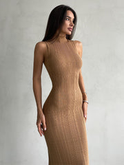 Knitted turtleneck sleeveless slim maxi dress