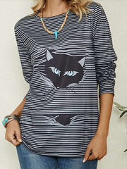 Stripe Cat print Round neck Long sleeve Plus T-Shirts