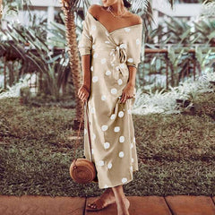 Stylish Point print One shoulder Long sleeve Maxi Dresses