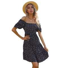 Fashion Floral print V neck Short sleeve Lacing Skater Dresses