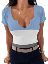 Tricolor Patchwork Print T-Shirt V-Neck Pullover Skinny Short Sleeve Top