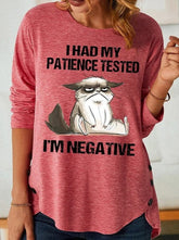 Letter Embossed Crew Neck Long Sleeve Slit Hem Comfort T-Shirts