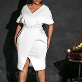 Casual temperament solid color slit half sleeve shift dresses
