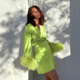 Lace-up Fur Sleeves V-neck Dress
