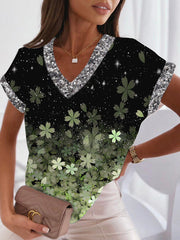 V neck Short sleeve Printed women T-shirts