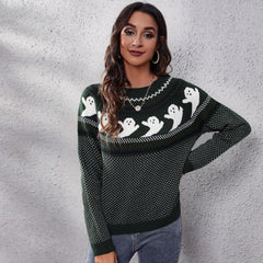 Halloween ghost retro polka dot long sleeve knitted women loose sweaters