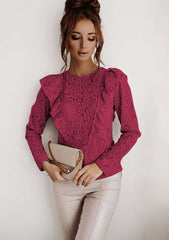 Stylish Lace Hollow out Round neck Long sleeve Blackless Falbala Blouses