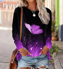 Ladies Long Sleeve T-Shirt Autumn Butterfly Printed Casual Tops