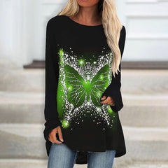 Long-sleeved butterfly printed round neck plus size women's loose top T-shirts