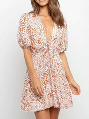 Fashion Sexy Leopard print V neck Short sleeve Lacing Skater Dresses