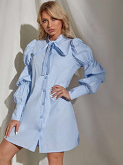 Stylish Pure Bow tie Puff sleeve Shirt Shift Dresses
