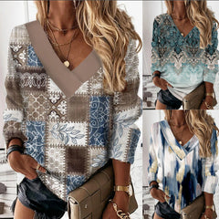 Geometric plant print temperament V-neck long-sleeved loose T-shirts