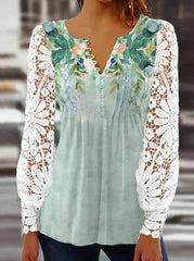 Lace Long sleeve pleated printed button Blouses