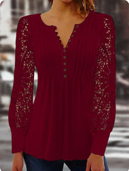 Lace Long Sleeve V Neck Slim Button Design Blouses Tops