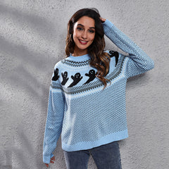 Halloween ghost retro polka dot long sleeve knitted women loose sweaters