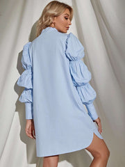 Stylish Pure Bow tie Puff sleeve Shirt Shift Dresses