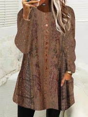 Long-Sleeve Printed Round Neck Loose Pocket Shift Dresses