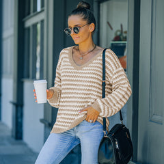 Fashion V-neck loose slimming stripe knit sweaters