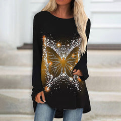 Long-sleeved butterfly printed round neck plus size women's loose top T-shirts