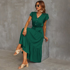 V neck button design plain color women big hem maxi dresses