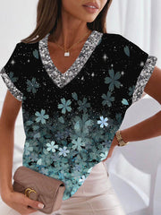 V neck Short sleeve Printed women T-shirts