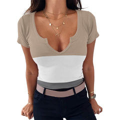 Tricolor Patchwork Print T-Shirt V-Neck Pullover Skinny Short Sleeve Top