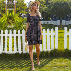 Fashion Floral print V neck Short sleeve Lacing Skater Dresses