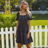 Fashion Floral print V neck Short sleeve Lacing Skater Dresses