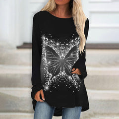 Long-sleeved butterfly printed round neck plus size women's loose top T-shirts
