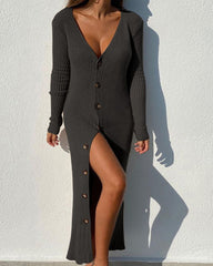 Knit ribbed button long-sleeve cardigan dresses sweater maxi dresses