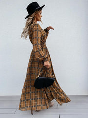 Grid Printed Long Sleeve Waist Slit Maxi Dresses