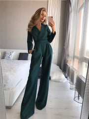 Turn down neck fashion woman plain elegant long sleeve jumpsuits