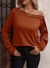 Ladies Fashion Button One Off Shoulder Long Sleeve T-shirts